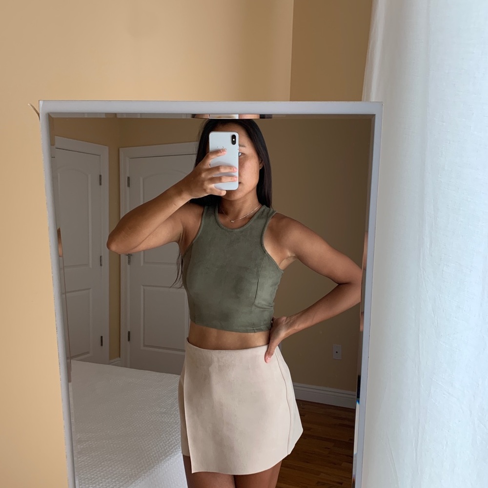 Olive Green Suede Crop Tank Top